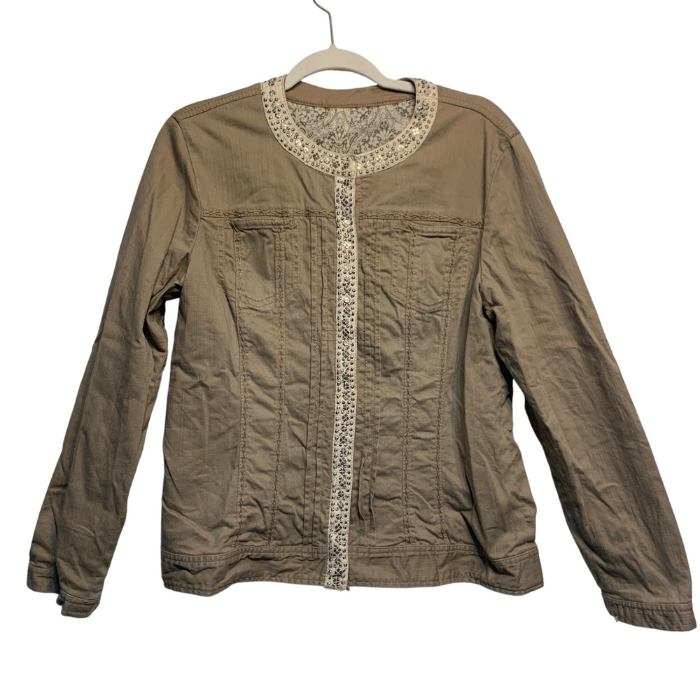Chico's Embellished Collarless Jacket Womens Medium Tan Studded Rhinestone Boho